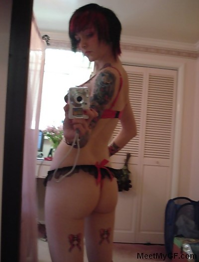 Hot tattooed alt and emo girls flashing in self shot solo pictures